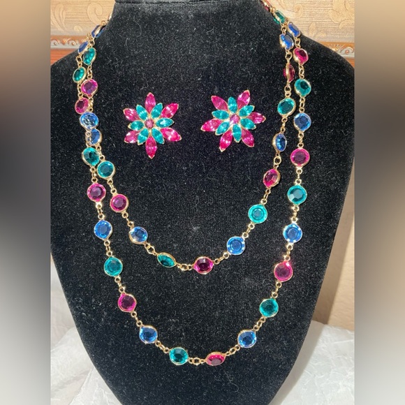 SWAROVSKI Swan MultiColored Bezel Set Crystal Long Necklace & Earrings - Picture 5 of 11